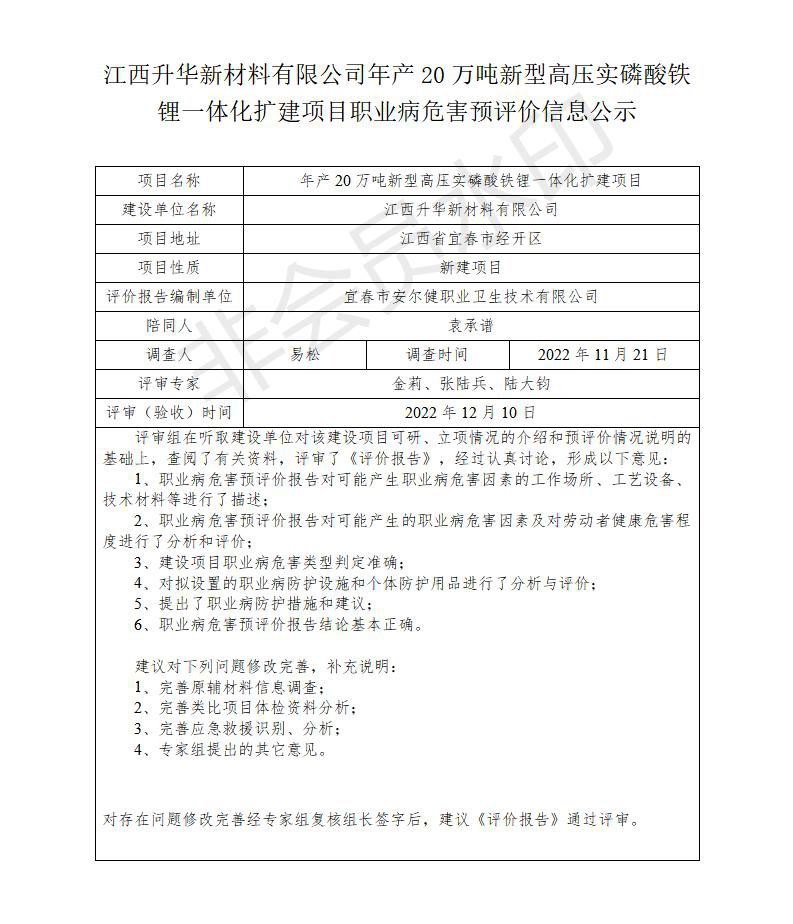 江西升華新材料有限公司年產20萬噸新型高壓實磷酸鐵鋰一體化擴建項目職業(yè)病危害預評價信息公示_01.jpg