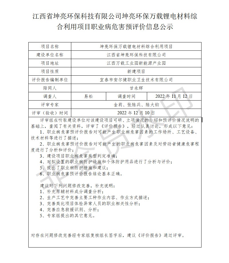 江西省坤亮環(huán)?？萍加邢薰纠ち镰h(huán)保萬載鋰電材料綜合利用項目職業(yè)病危害預(yù)評價信息公示.jpg